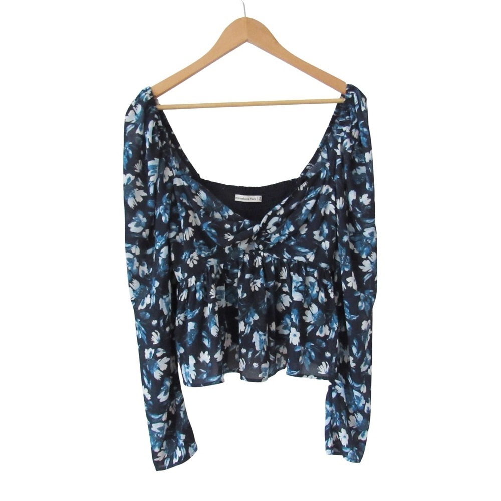 Abercrombie Fitch Blue Floral Crop Top Medium Smocked Milkmaid Long Sleeves